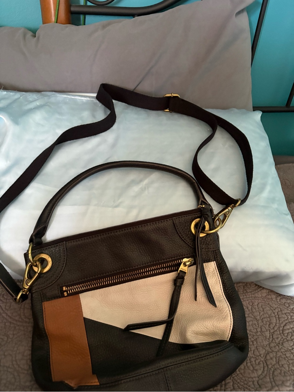 Fossil Patchwork Leather Crossbody Bag in Black, Brown & Cream